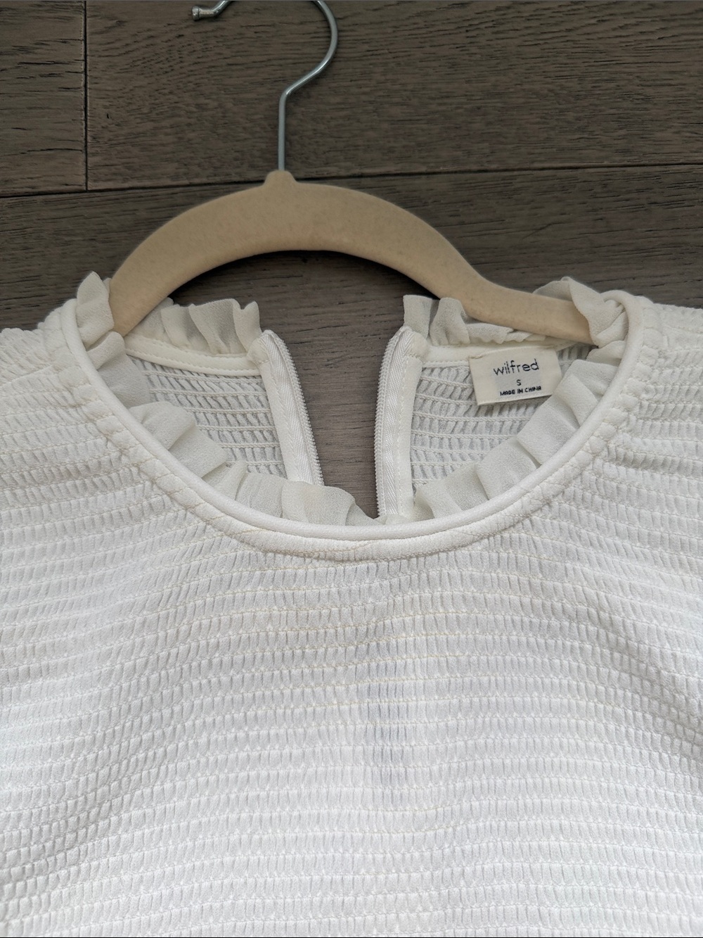 WILFRED Sheer-Sleeve White Textured Blouse with Ruffle Hem - Picture 3 of 6